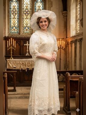 Vtg House of Bianchi NY Wedding Dress & Matching Lace Hat Set | Edwardian Reviva